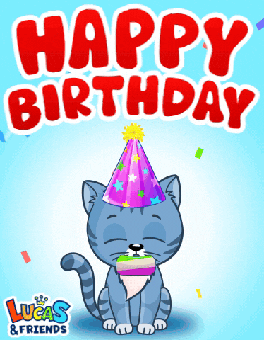 a cat wearing a party hat with the words happy birthday lucas & friends on the bottom