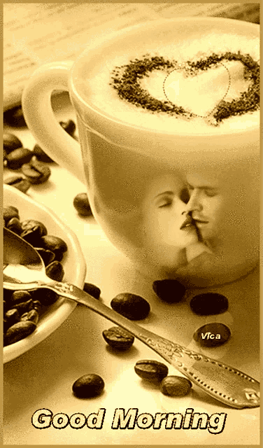 a cup of coffee with a picture of a man and woman kissing on it