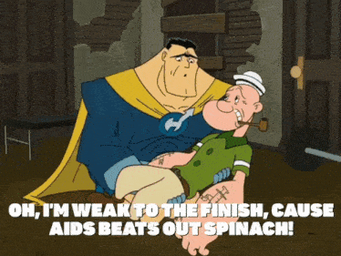 a cartoon of a man holding another man with the caption uh i 'm weak