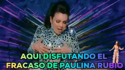 a woman in a leopard print dress with the words aqui disfrutando el fracaso de paulina rubio on the bottom