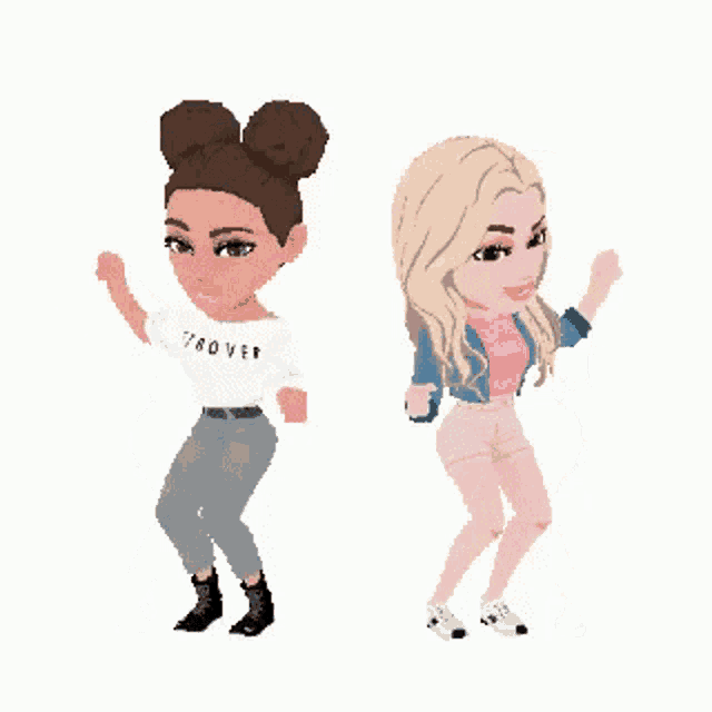 two cartoon girls are holding hands and one has a shirt that says trover