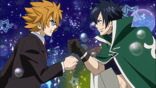 two anime characters standing next to each other with bubbles in the background