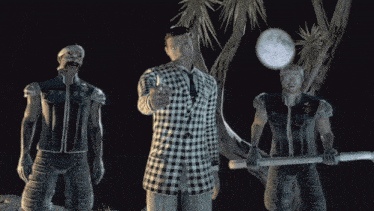 a man in a plaid jacket points at the camera