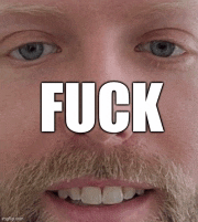 a close up of a man 's face with the word fuck written above it