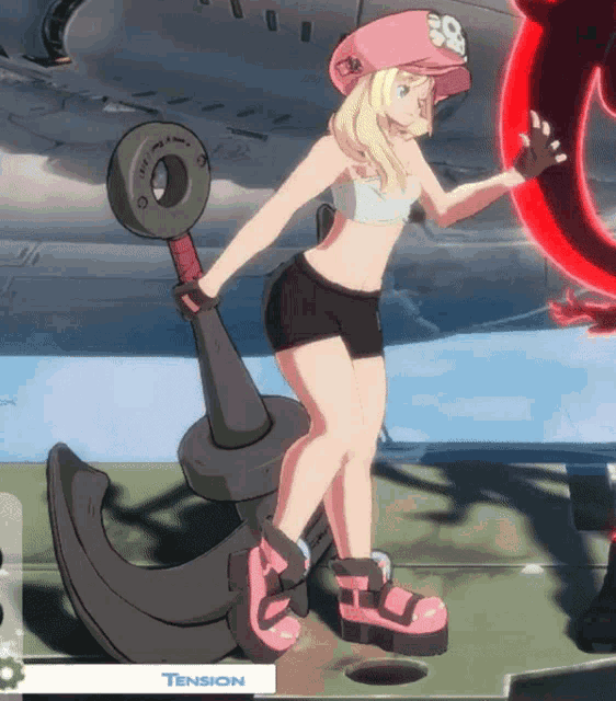 a girl in a pink hat is standing next to an anchor in a video game called tension