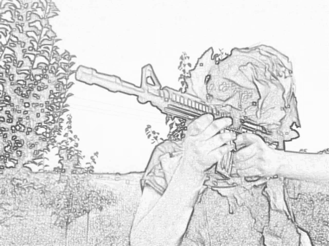 a black and white drawing of a man with a gun