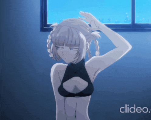 a girl in a black bra is standing in front of a window and the word cleido is on the bottom right