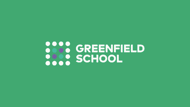 a greenfield school logo with green and purple dots on a white background
