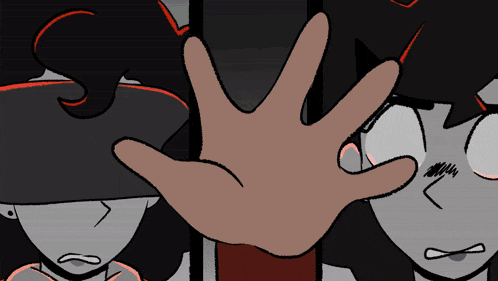 a cartoon drawing of a hand reaching out towards a girl