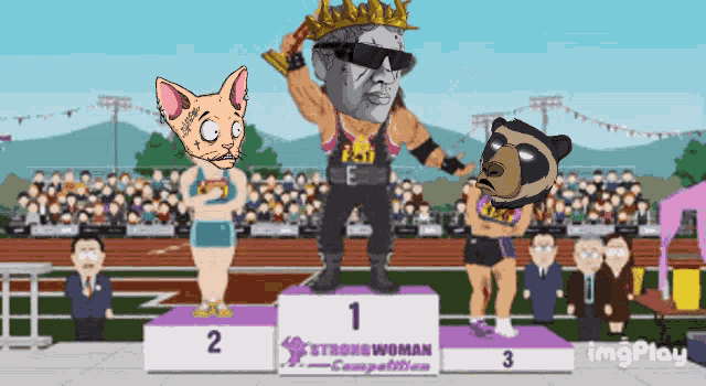 a cartoon winners podium with the words strong woman competition