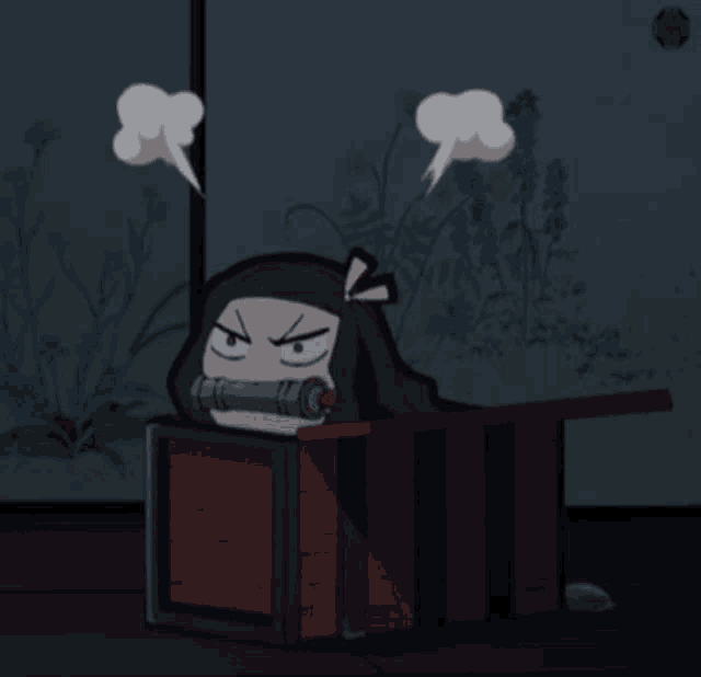 a cartoon character is laying in a box with steam coming out of it
