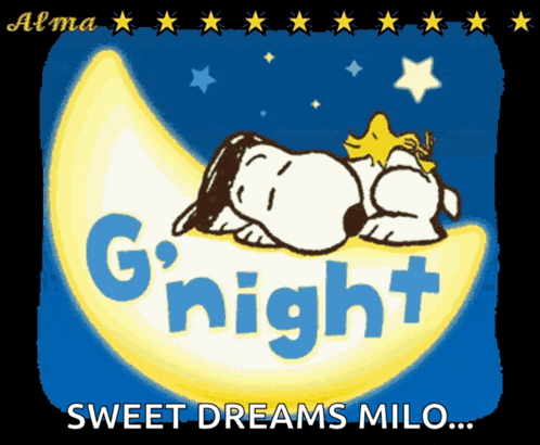 a cartoon of snoopy sleeping on a crescent moon with the words sweet dreams milo below him