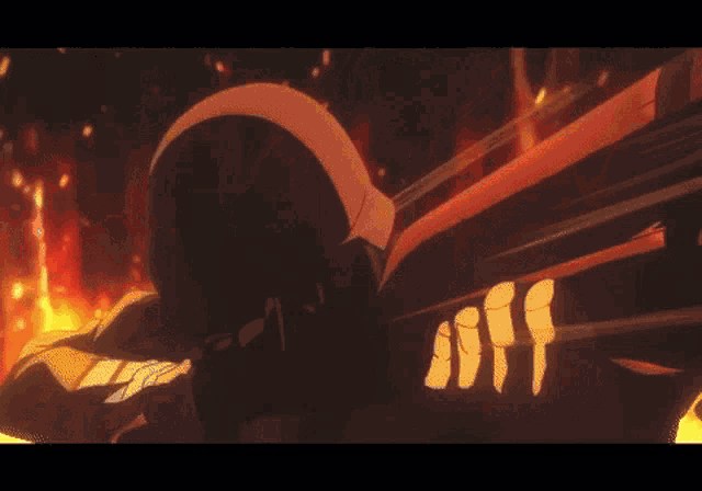 a girl is standing in front of a fire with a sword