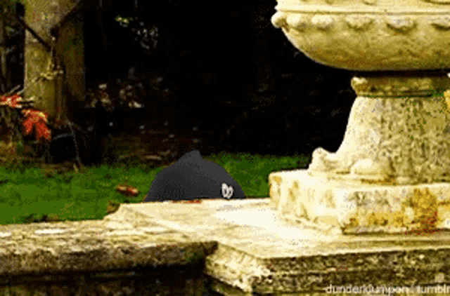 a black hat with a heart on it is sitting on a stone ledge next to a statue ..