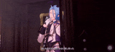 a man with blue hair is standing in front of a framed picture with japanese writing on it