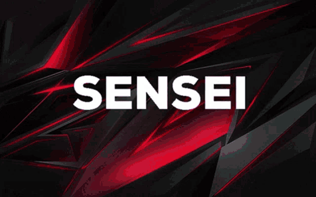 the word sensei is displayed on a red and black background