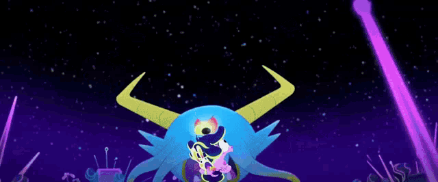 a cartoon drawing of a monster with horns eating a unicorn