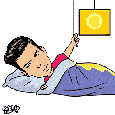 a cartoon of a man laying in bed with the words bobble keyboard on the bottom right