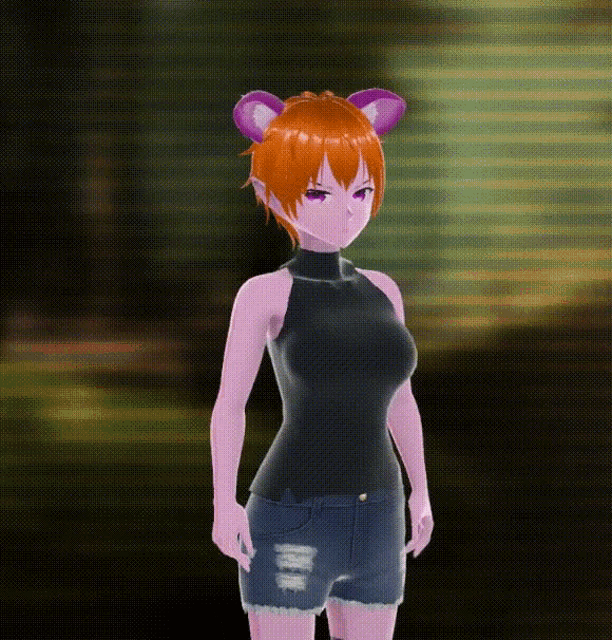 a girl with purple ears is wearing a black tank top