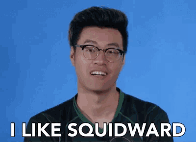 a man wearing glasses says i like squidward in front of a blue background