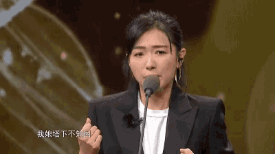 a woman in a suit stands in front of a microphone with chinese writing on the screen behind her
