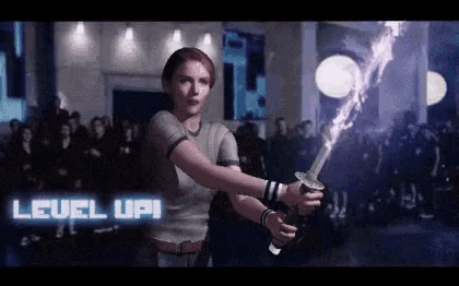 a video game screen shows a woman holding a sword with the words level up written above her