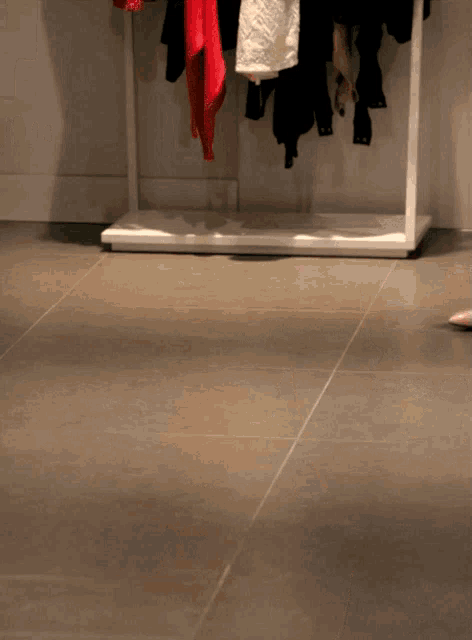 a rack with clothes hanging on it including a red towel