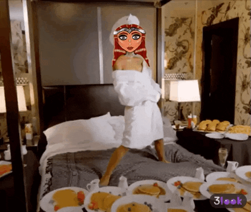 a woman in a bathrobe is standing on a bed next to plates of pancakes