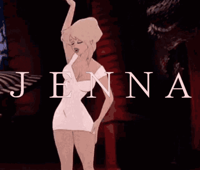 a cartoon of a woman in a white dress with the name jenna written above her