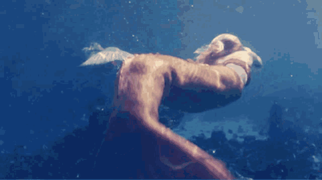 a person is swimming in the ocean with a tail visible