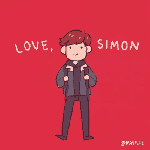 a cartoon of a man holding a backpack and the words `` love , simon '' .