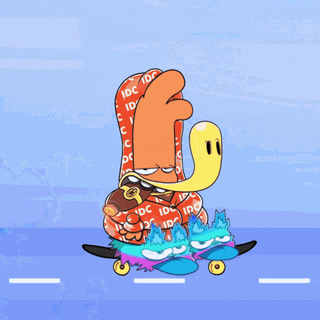 a cartoon character is riding a skateboard with idc written on his outfit