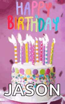 a birthday cake with candles on it and the name jason on the bottom .