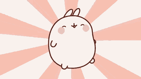 a cartoon rabbit is sitting on a pink and white striped background and smiling .