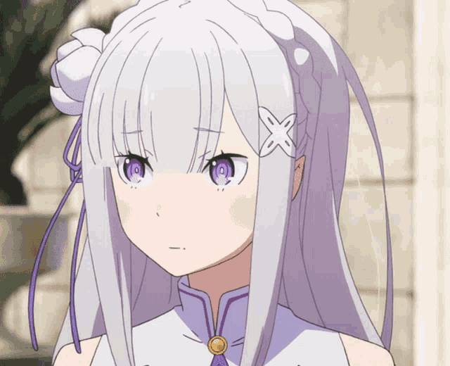 a girl with white hair and purple eyes has a flower on her head