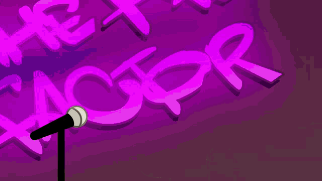 a cartoon monkey is singing into a microphone in front of a sign that says the factor