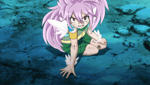 a girl with pink hair and white wings is kneeling down