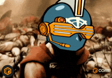 a cartoon of a man wearing a helmet and sunglasses with the word core in the background