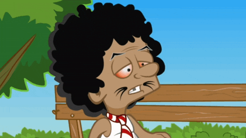 a cartoon of a man sitting on a bench with a red eye