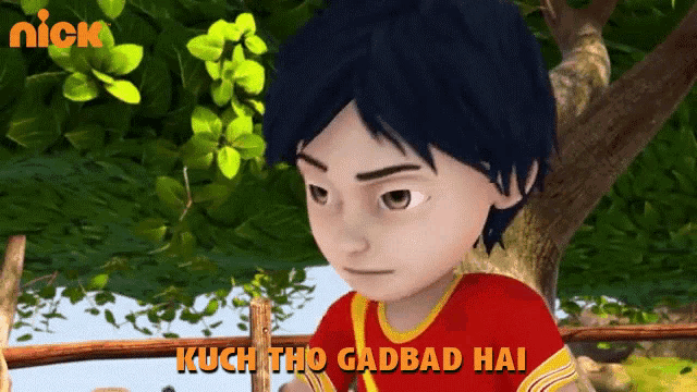 a cartoon of a boy with the words kuch tho gadbad hai behind him