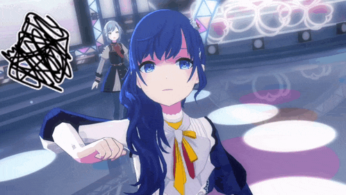 a drawing of a girl with blue hair and a yellow bow tie