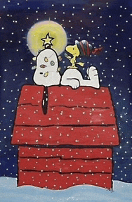a painting of snoopy and woodstock sitting on top of a red doghouse
