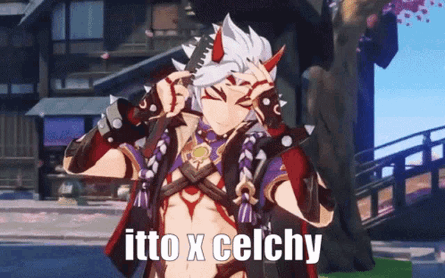 a video game character is holding a sword and says itto x celchy on the bottom