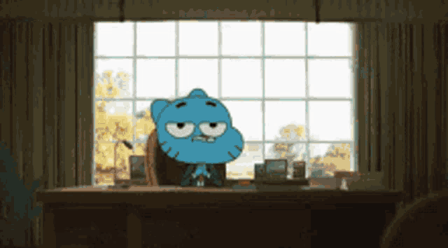 gumball from the amazing world of gumball sitting at a desk in front of a window