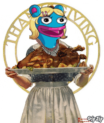 a woman with a blue head is holding a tray of food in front of a thanksgiving sign