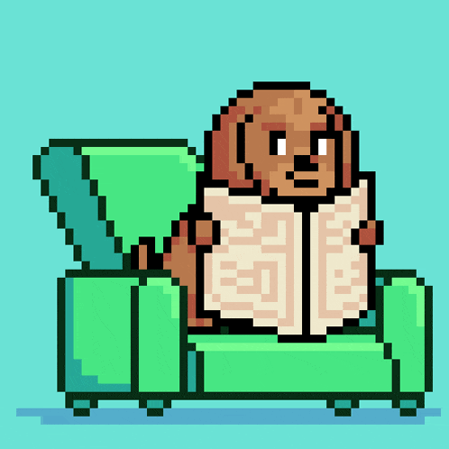 a pixel art dog is reading a newspaper