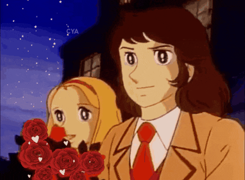 a man and a woman are standing next to each other with a bunch of red roses in front of them