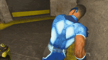 a man in a blue and white superhero outfit is standing in a room