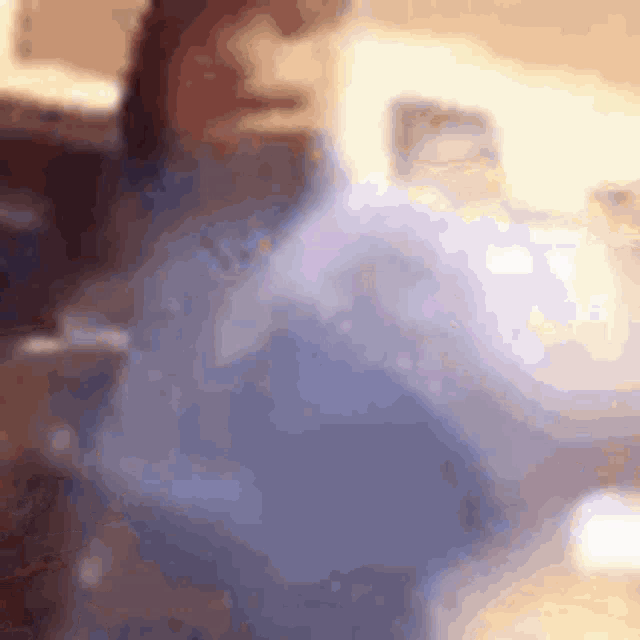 a blurry picture of a woman sitting at a table with a laptop .