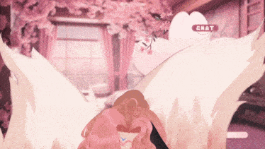 a girl with pink hair and white wings is in a room with flowers and a chat button